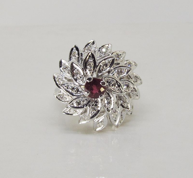 Diamond and Ruby Dome Ring 14Kt White Gold