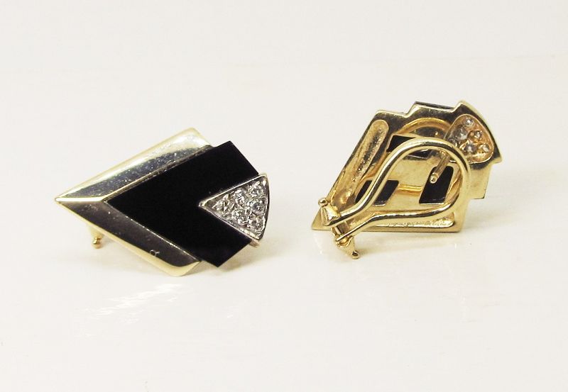 Onyx Diamond and 14Kt Gold Deco Style Earrings