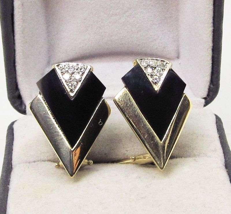 Onyx Diamond and 14Kt Gold Deco Style Earrings