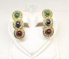Ruby Sapphire Emerald and Diamond Earrings 14Kt Gold