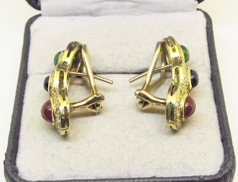 Ruby Sapphire Emerald and Diamond Earrings 14Kt Gold