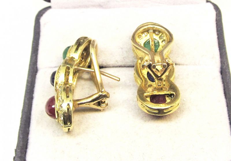 Ruby Sapphire Emerald and Diamond Earrings 14Kt Gold