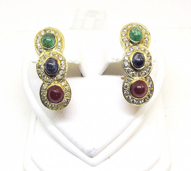 Ruby Sapphire Emerald and Diamond Earrings 14Kt Gold