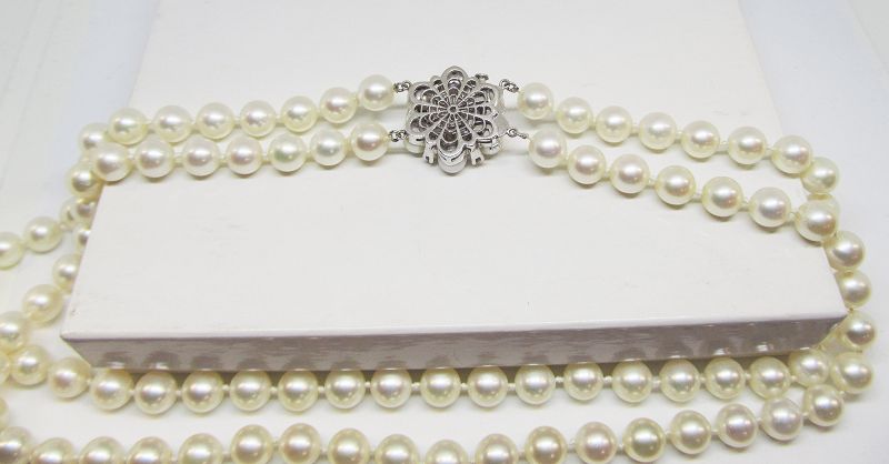 Double Strand of Japanese Cultures Pearls with Diamond Clasp