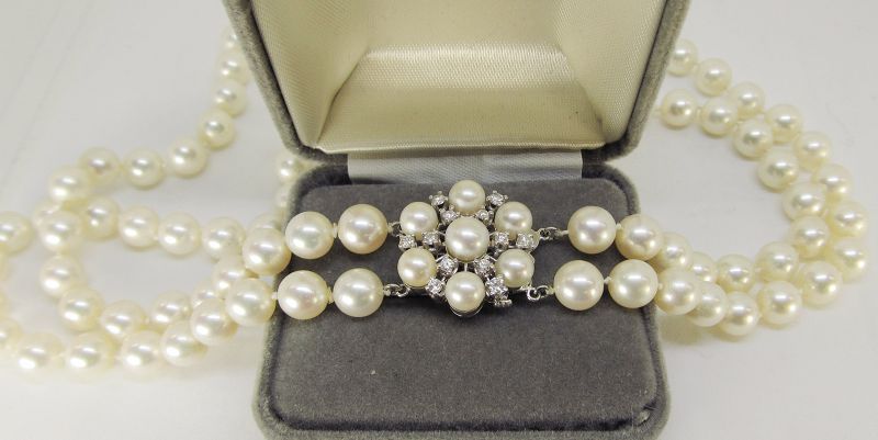 Double Strand of Japanese Cultures Pearls with Diamond Clasp