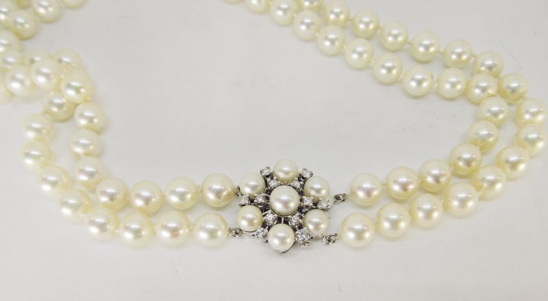 Double Strand of Japanese Cultures Pearls with Diamond Clasp