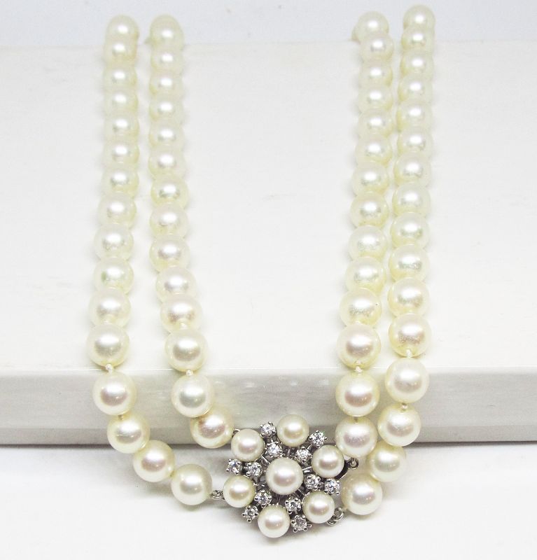 Double Strand of Japanese Cultures Pearls with Diamond Clasp