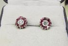 Diamond and Ruby Cluster Earrings 14Kt Gold