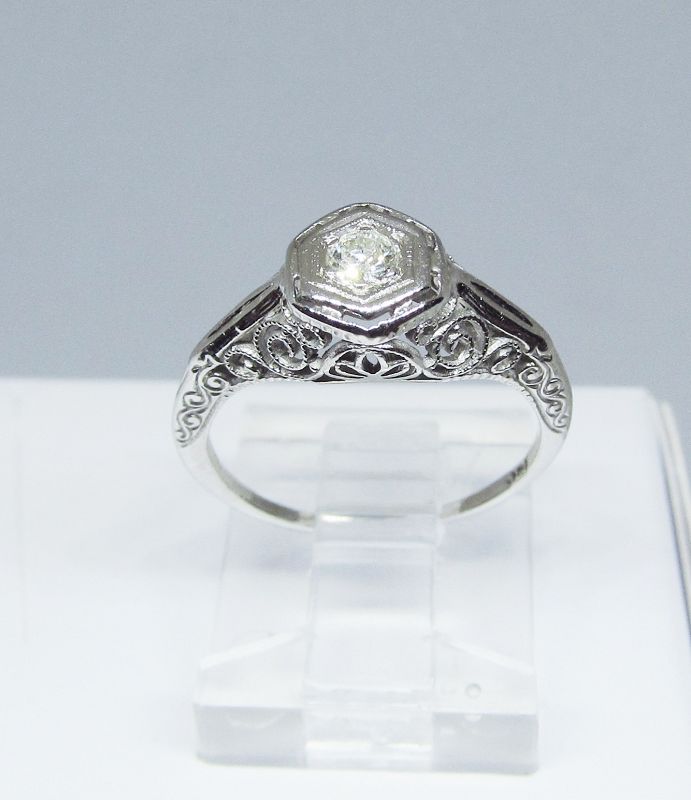 Estate Diamond Ring in 18Kt White Gold Filigree Setting