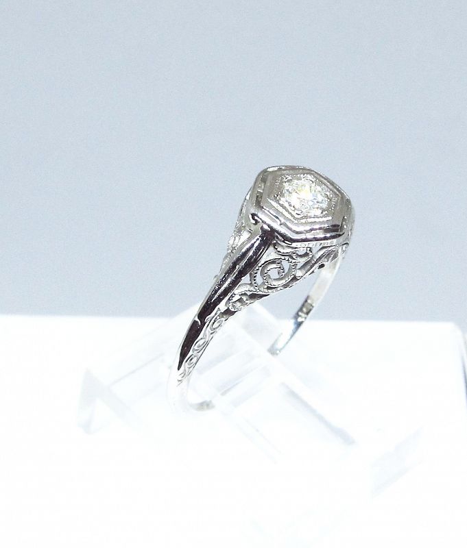 Estate Diamond Ring in 18Kt White Gold Filigree Setting