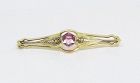 Gold Bar Pin with Hexagonal Pink Tourmaline 10Kt