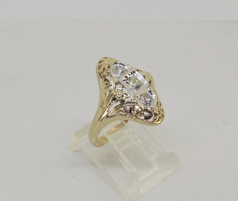 Filigree Dinner Ring with Diamonds, 14Kt Yellow Gold