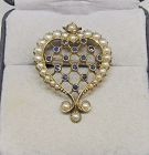 Victorian Sapphire and Oriental Pearl Heart Pin/Pendant 15Kt Gold
