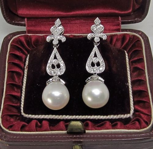 Diamond and Pearl Deco Style 14Kt Gold Earrings