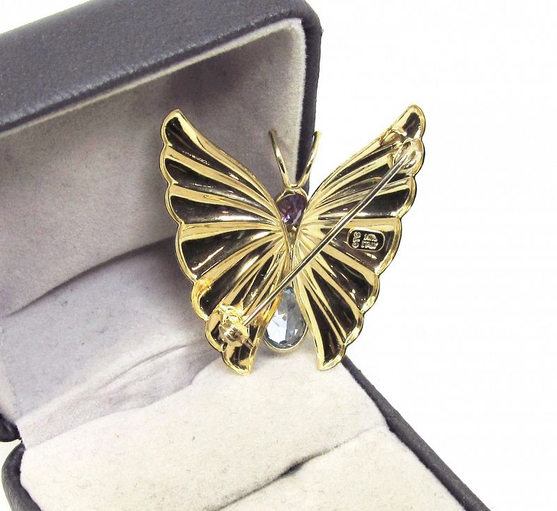 14Kt Gold Butterfly Broach with Amethyst, Citrine and Blue Topaz
