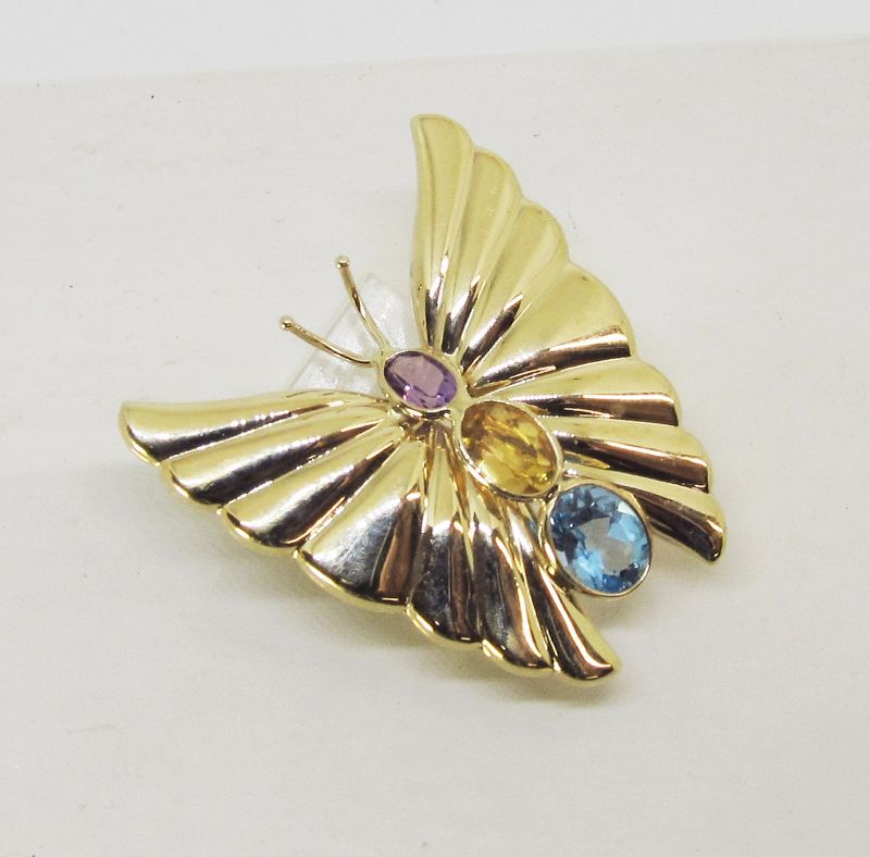 14Kt Gold Butterfly Broach with Amethyst, Citrine and Blue Topaz