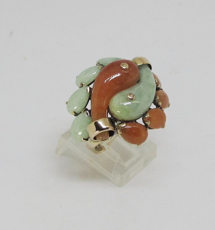 Jade Ring with Green and Butterscotch Colored Jade 14Kt Gold