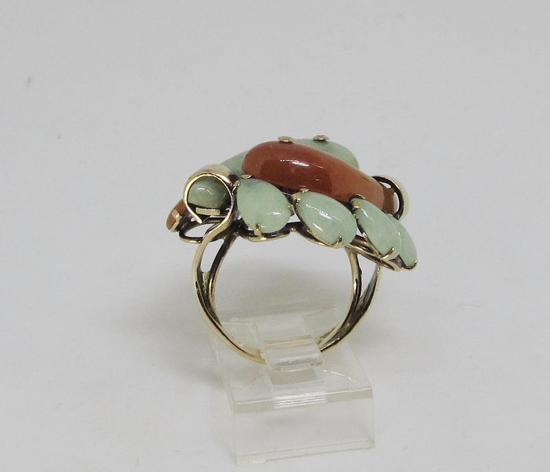 Jade Ring with Green and Butterscotch Colored Jade 14Kt Gold