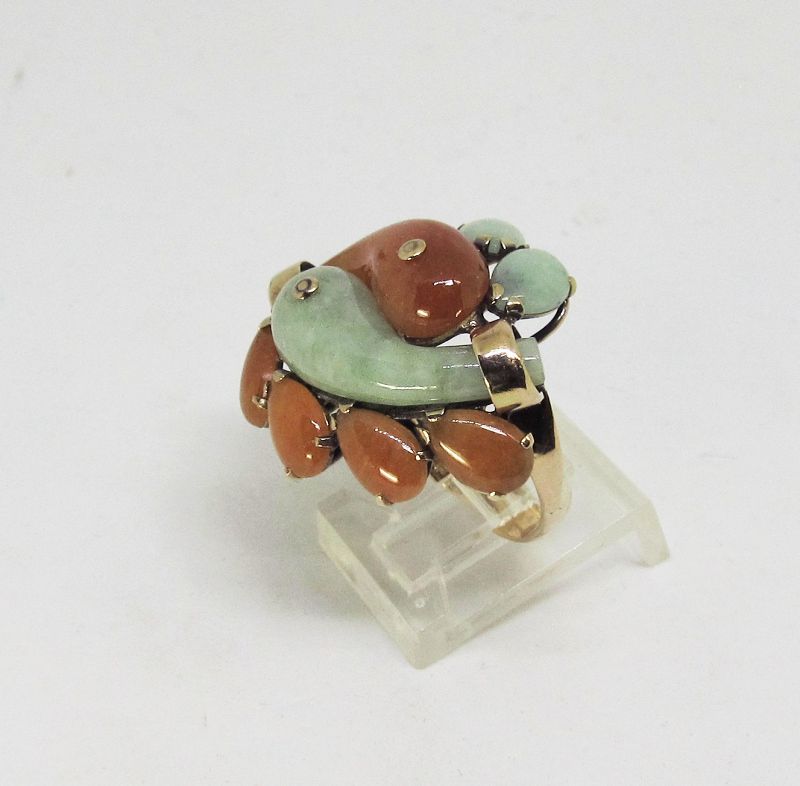 Jade Ring with Green and Butterscotch Colored Jade 14Kt Gold