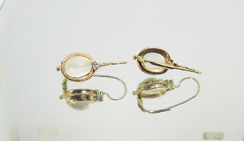 Moonstone and Diamond Earrings 14Kt Gold