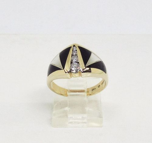 Deco Style Ring Diamond, Onyx, Mother of Pearl, 14Kt Gold