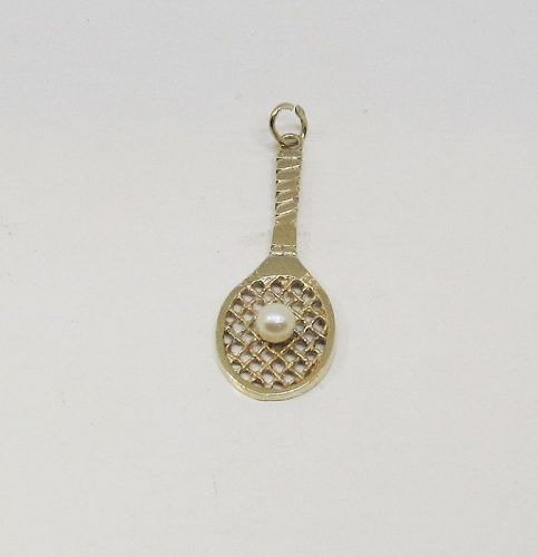 Tennis Racket Pendant/Charm with Cultured Pearl 14Kt Gold