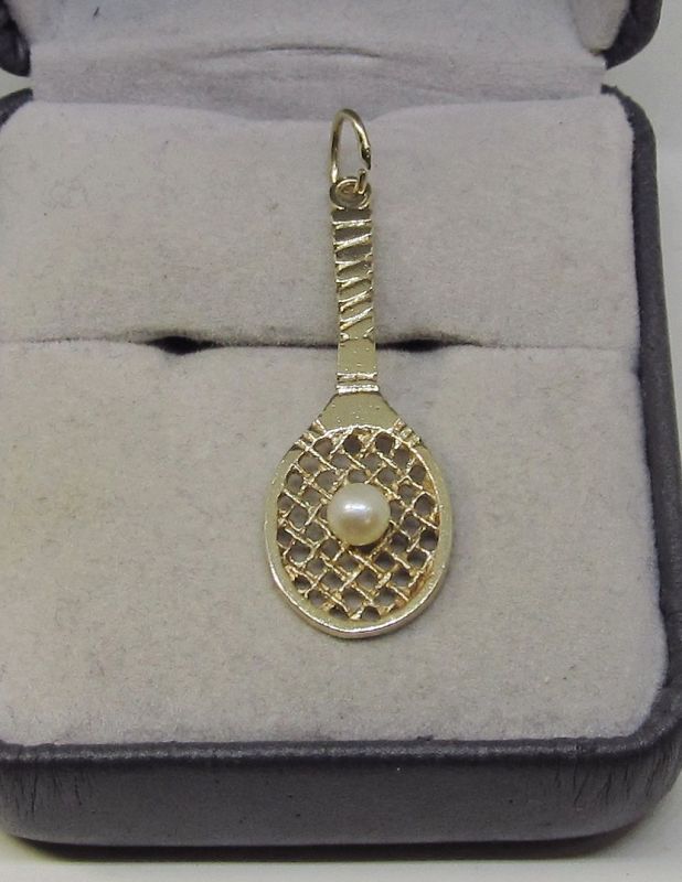 Tennis Racket Pendant/Charm with Cultured Pearl 14Kt Gold