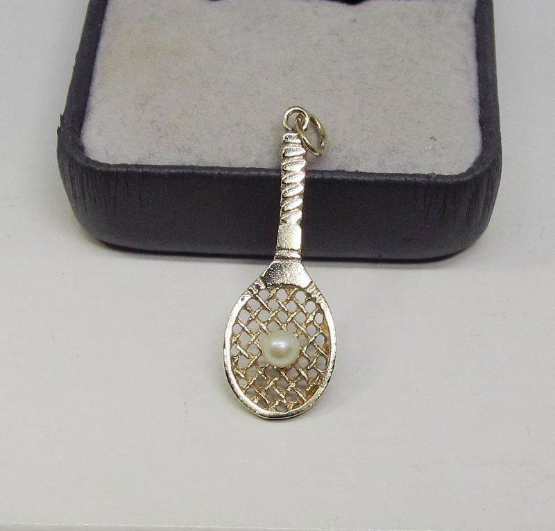 Tennis Racket Pendant/Charm with Cultured Pearl 14Kt Gold