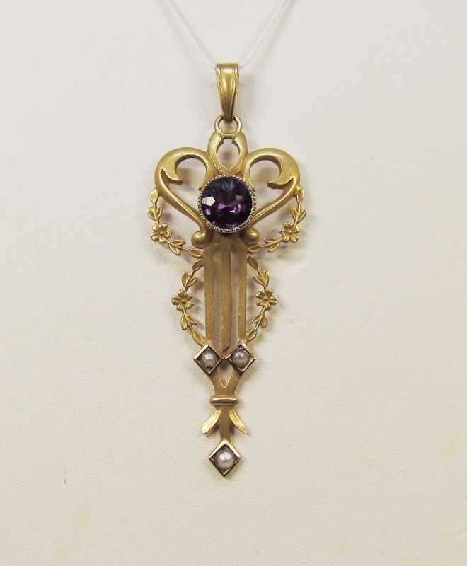 Victorian Amethyst and Seed Pearl Pendant 10Kt Gold