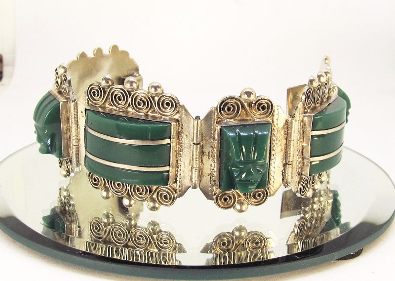 Vintage Sterling Silver and Green Onyx Mexican Bracelet