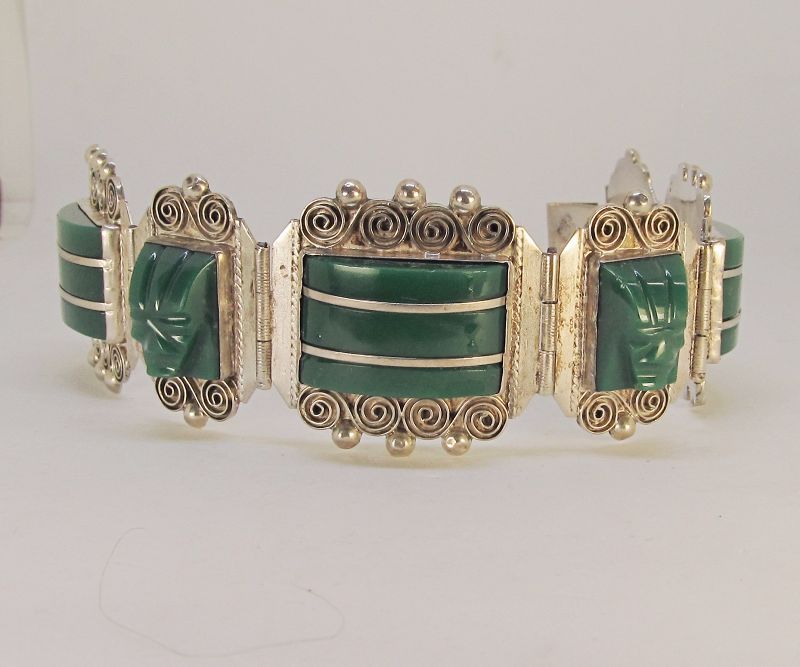 Vintage Sterling Silver and Green Onyx Mexican Bracelet