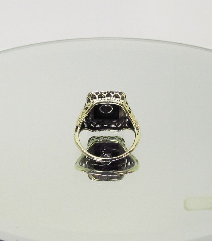 Onyx and Diamond Ring 14Kt Two Tone Gold 1920-s Antique