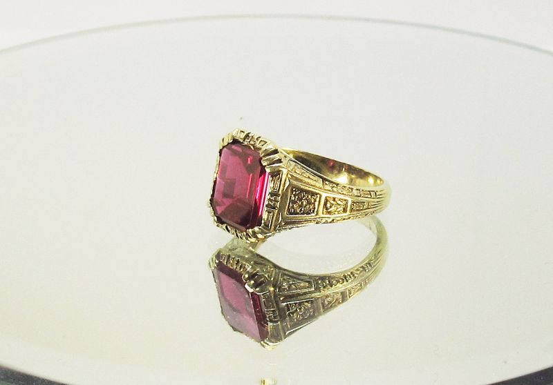 Arts and Crafts Period 14Kt Gold Ring Lab Created Ruby