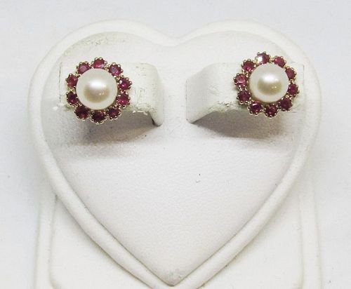 Ruby and Cultured Pearl Earrings 14Kt Gold