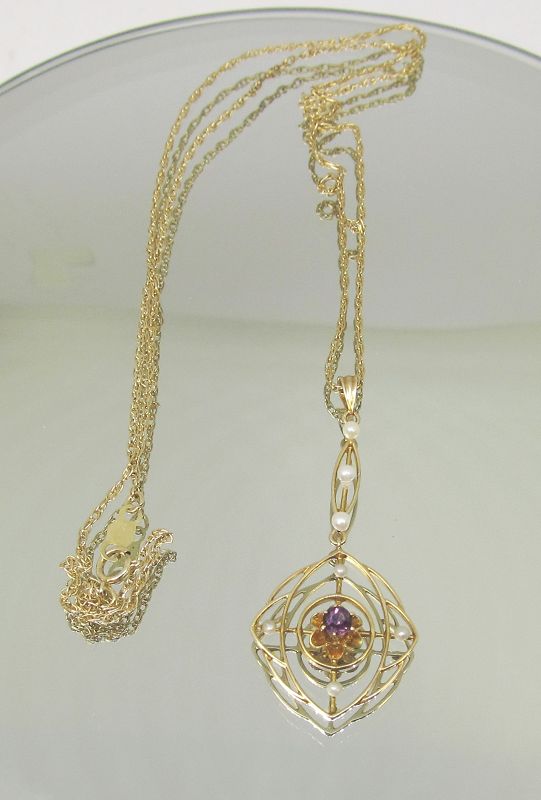 Art Nouveau Pendant 14Kt Gold Oriental Pearls and Amethyst