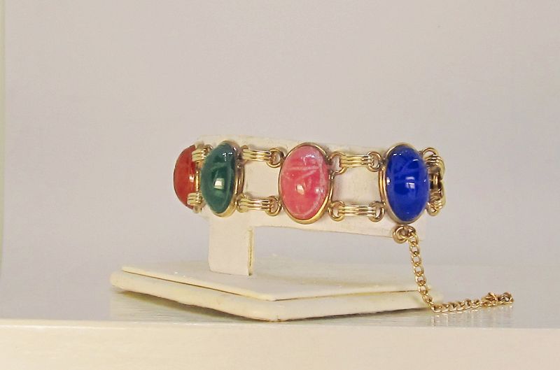 Scarab Bracelet Vintage Semi Precious Stones Gold Field
