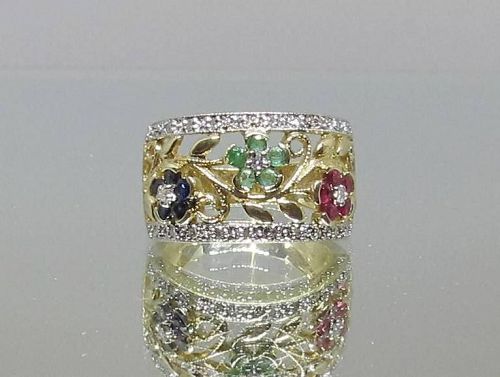 Flower Ring with All the Precious Stones 14Kt Gold