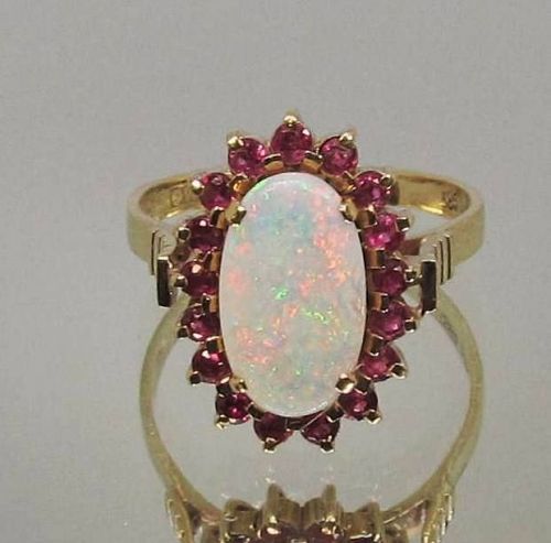 Opal and Ruby Cluster Ring 14Kt Yellow Gold