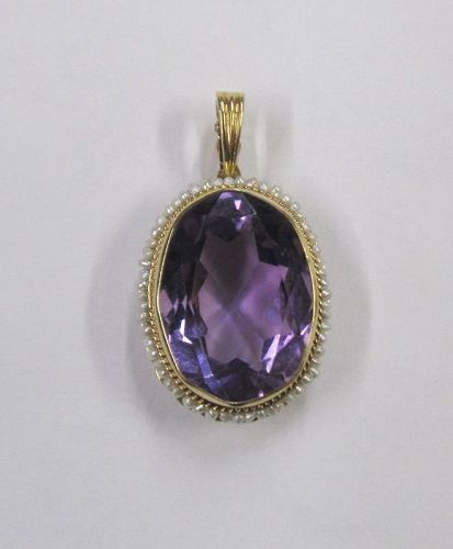 Amethyst and Seed Pearl Pendant / Enhancer 14Kt Gold