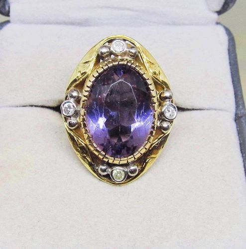 Arts and Crafts 14Kt Gold Amethyst and Diamond Ring