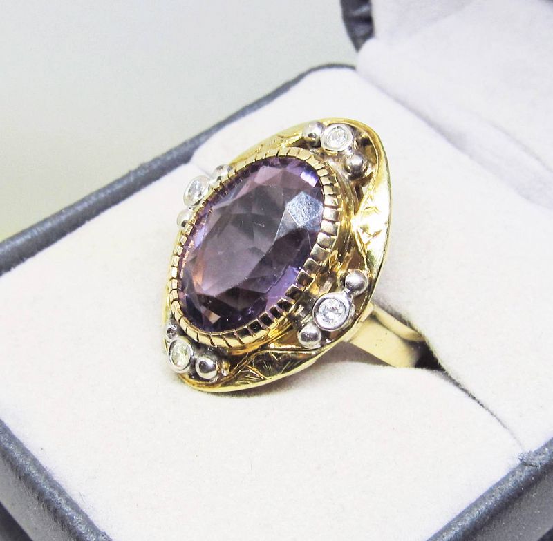 Arts and Crafts 14Kt Gold Amethyst and Diamond Ring