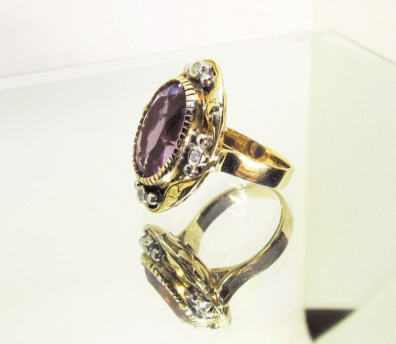 Arts and Crafts 14Kt Gold Amethyst and Diamond Ring