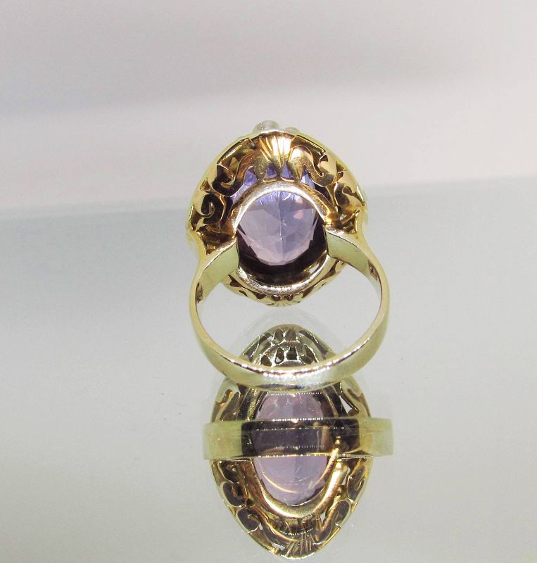 Arts and Crafts 14Kt Gold Amethyst and Diamond Ring