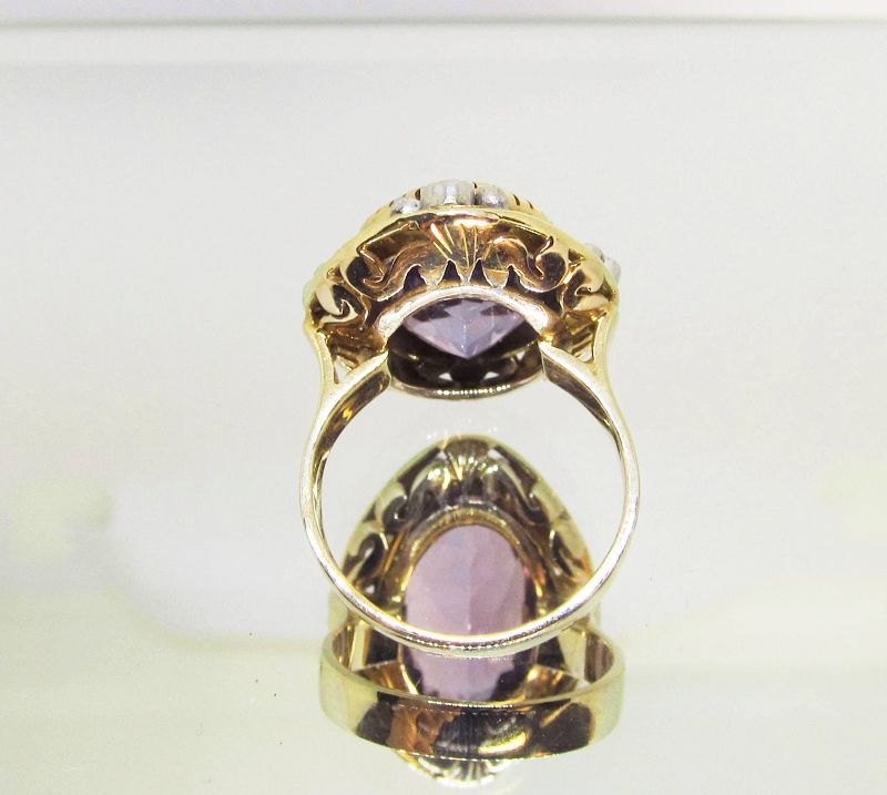 Arts and Crafts 14Kt Gold Amethyst and Diamond Ring