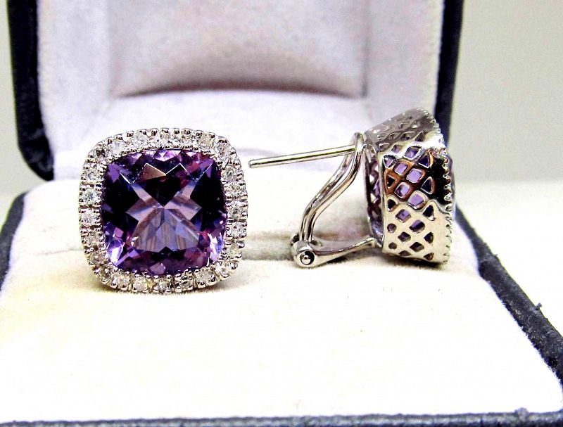 Amethyst and Diamond Earrings Set in 14Kt White Gold