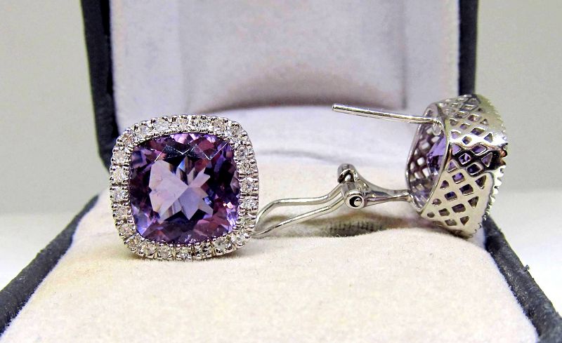 Amethyst and Diamond Earrings Set in 14Kt White Gold