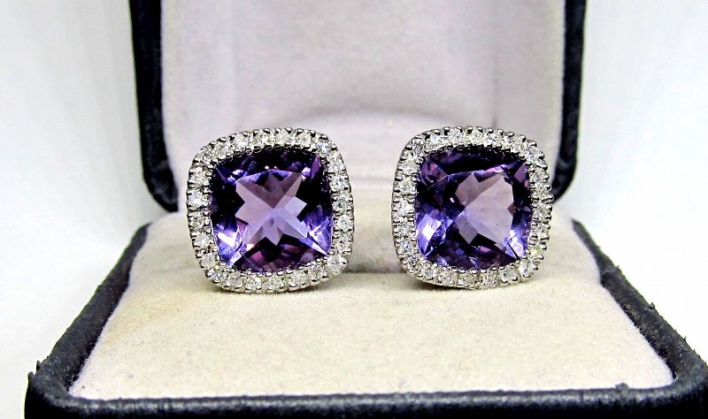 Amethyst and Diamond Earrings Set in 14Kt White Gold