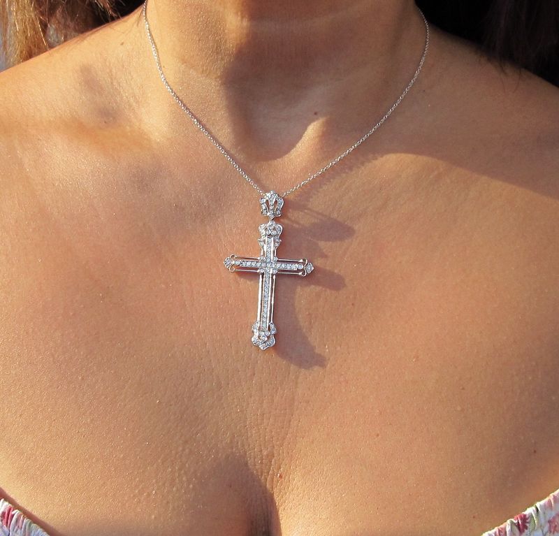 Elegant Diamond Cross Set in 14Kt White Gold with 14Kt Chain