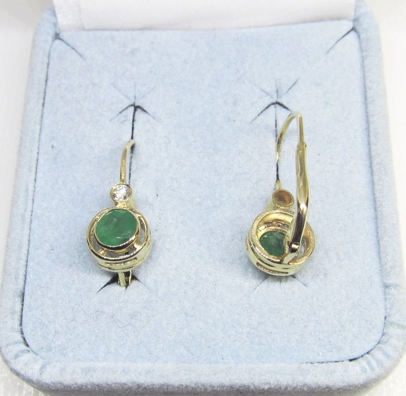 Emerald and Diamond 14Kt yellow Gold European Back Earrings