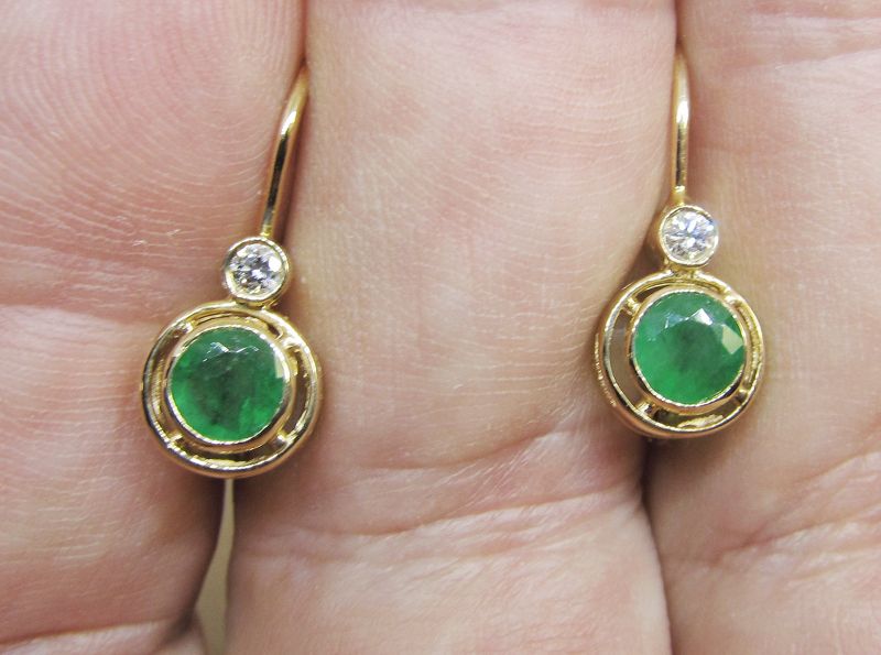 Emerald and Diamond 14Kt yellow Gold European Back Earrings